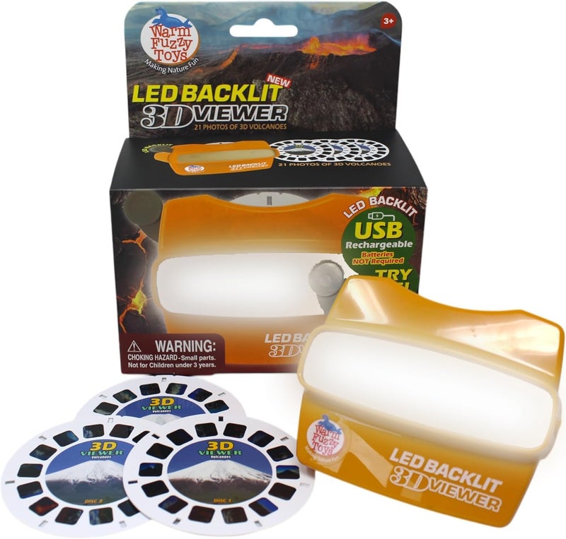 WARM FUZZY Toys LED Backlit 3D Viewer – (Volcanoes) – New 2025 USB-C Rechargeable Viewer for Kids & Adults Includes 3 Reels with 21 HD 3D Images – Patent-Pending Retro Toy, No Light Source Needed - Image 1